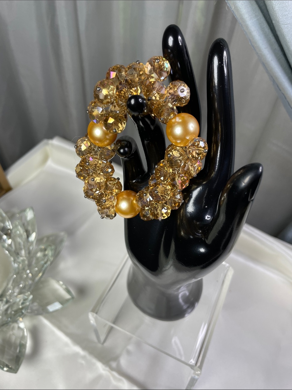 Gold Crystal & Pearl Cha Cha Stretch Clutter Bracelet